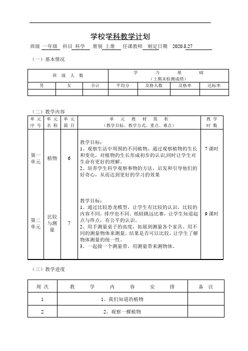 2020年一年级上册科学教学计划