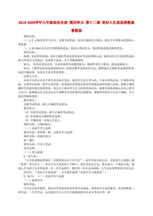 2019-2020学年九年级政治全册 第四单元 第十二课 美好人生我选择教案 鲁教版.doc