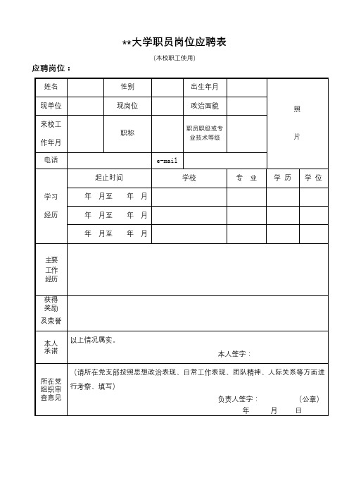 西安交通大学职员岗位应聘表【模板】