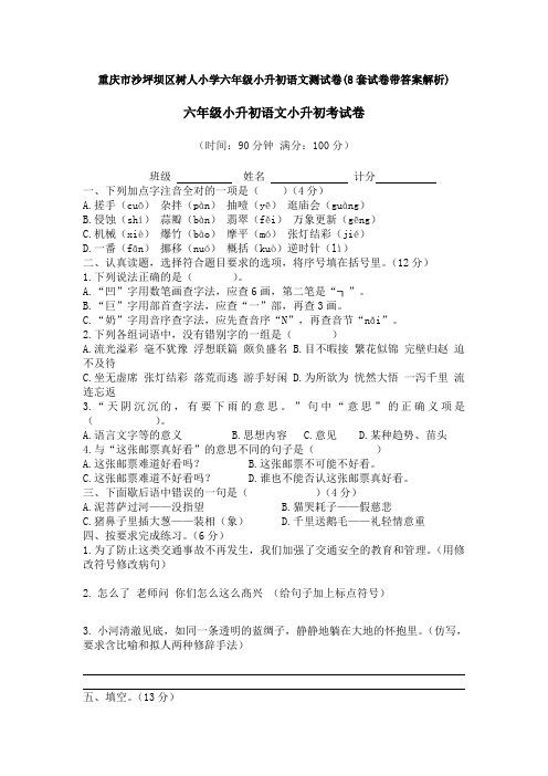 重庆市沙坪坝区树人小学六年级小升初语文测试卷(8套试卷带答案解析)