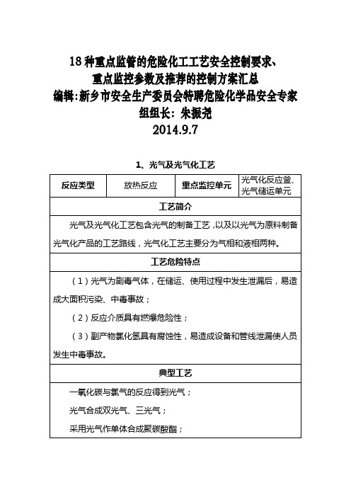 18种重点危险化学品生产工艺典型反应及安全控制条件汇总名师优质资料