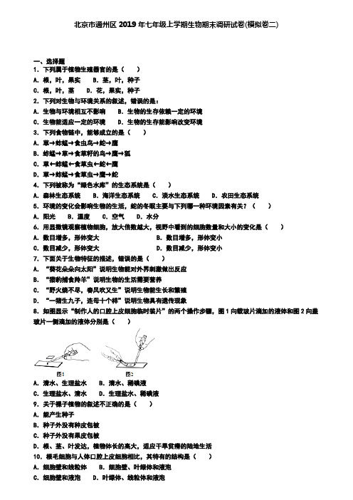 北京市通州区2019年七年级上学期生物期末调研试卷(模拟卷二)