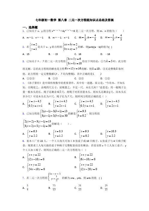 七年级初一数学 第八章 二元一次方程组知识点总结及答案