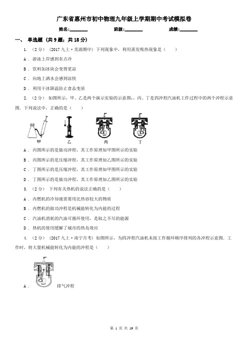 广东省惠州市初中物理九年级上学期期中考试模拟卷