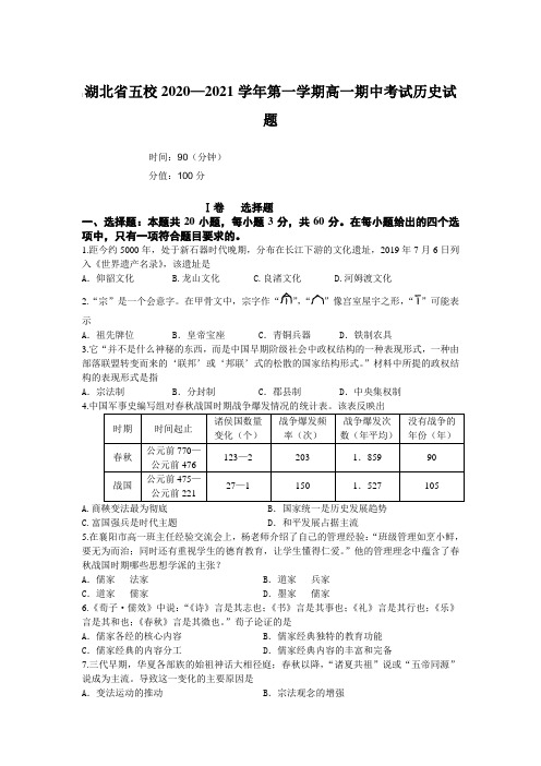 湖北省五校2020—2021学年第一学期高一期中考试历史试题【含答案】