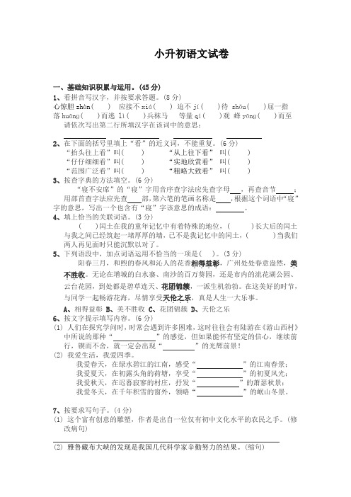 2017年小升初语文试卷及答案