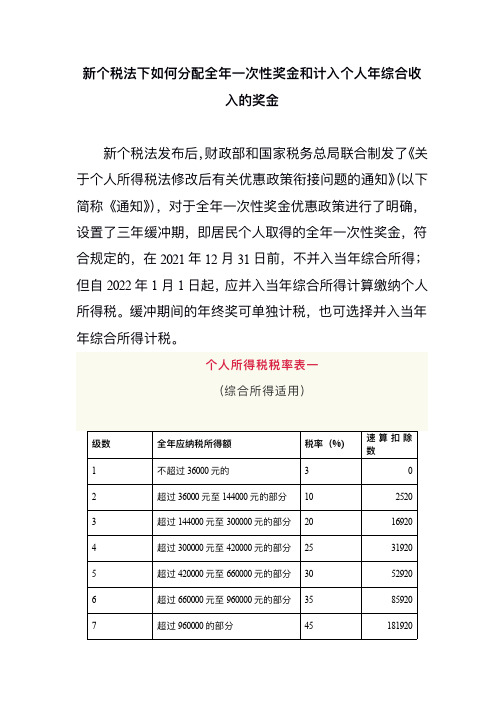 关于新税法如何分配全年一次性奖金和计入年综合收入奖金的建议