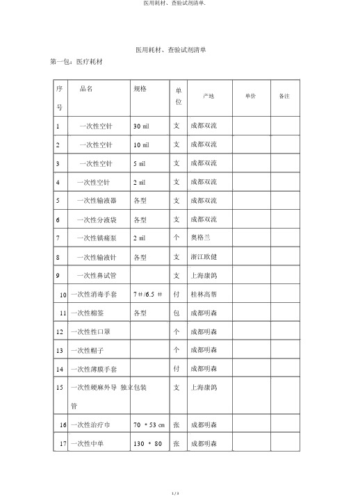 医用耗材、检验试剂清单.