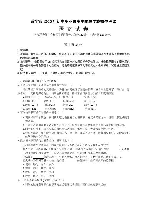 遂宁市2020年初中毕业暨高中阶段学校招生考试语文试卷及答案解析