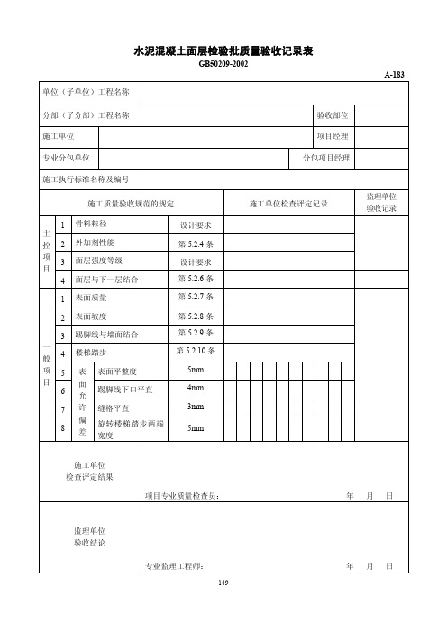 水泥混凝土面层检验批质量验收记录表