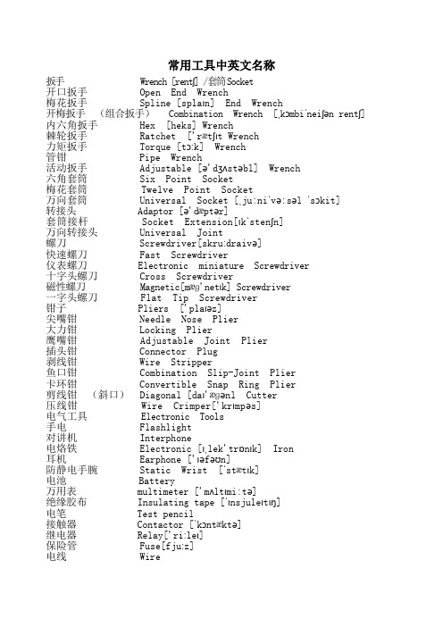 常用工具中英文名称