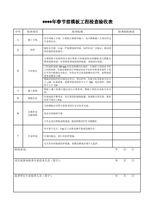 8 春节前模板工程检查验收表