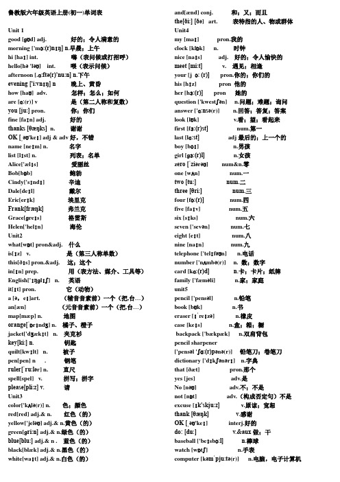 鲁教版六年级英语上单词可默写