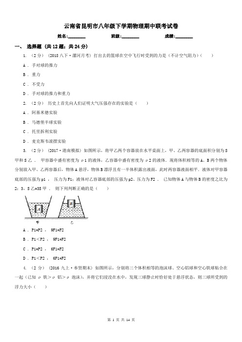 云南省昆明市八年级下学期物理期中联考试卷