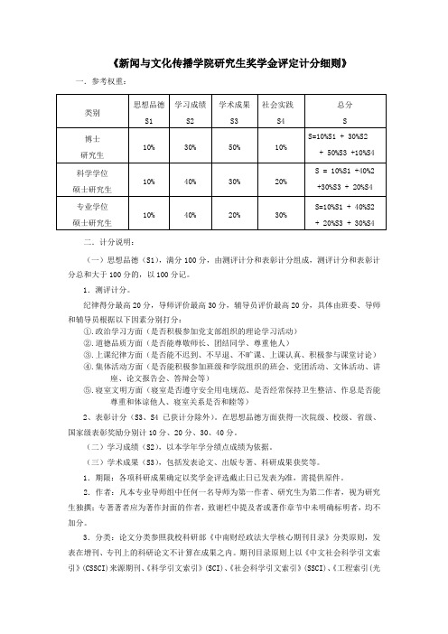 《新闻与文化传播学院研究生奖学金评定计分细则》