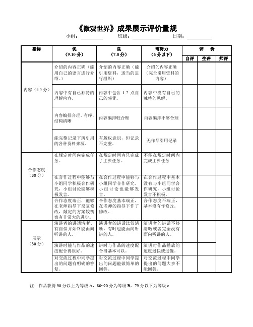 小组成果展示评价量规