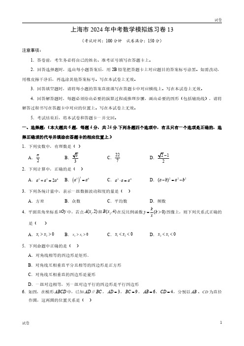 2024年上海中考数学模拟练习卷十三及参考答案