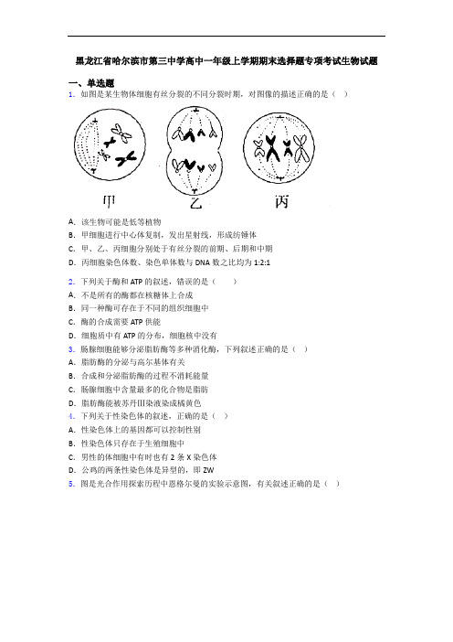 黑龙江省哈尔滨市第三中学高中一年级上学期期末选择题专项考试生物试题