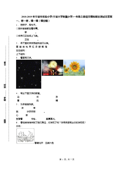 2018-2019年宁波市实验小学(宁波大学附属小学)一年级上册语文模拟期末测试无答案