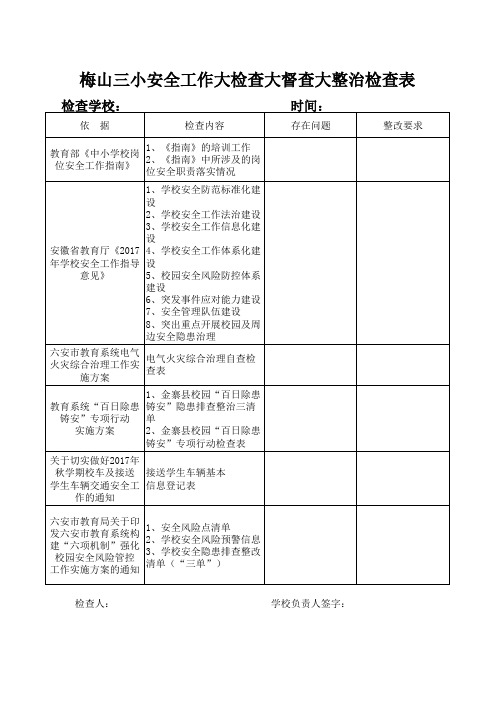 (检查表)中小学幼儿园安全工作大检查大督查大整治检查表