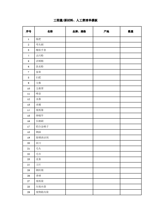 工程量原材料、人工费清单模板