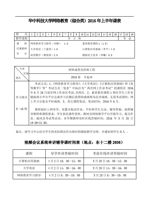 华中科技大学网络教育(综合类)2016年上半年课表