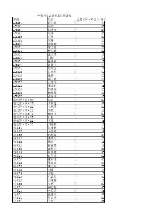 2013仲英书院志愿者工时统计表