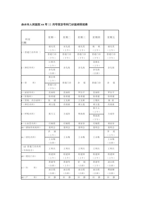 赤水市人民医院2018年11月专家及专科门诊医师排班表Word版