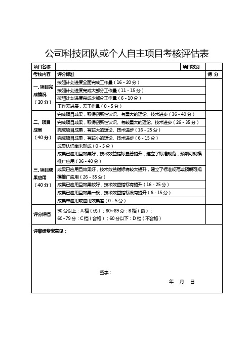 公司科技团队或个人自主项目考核评估表