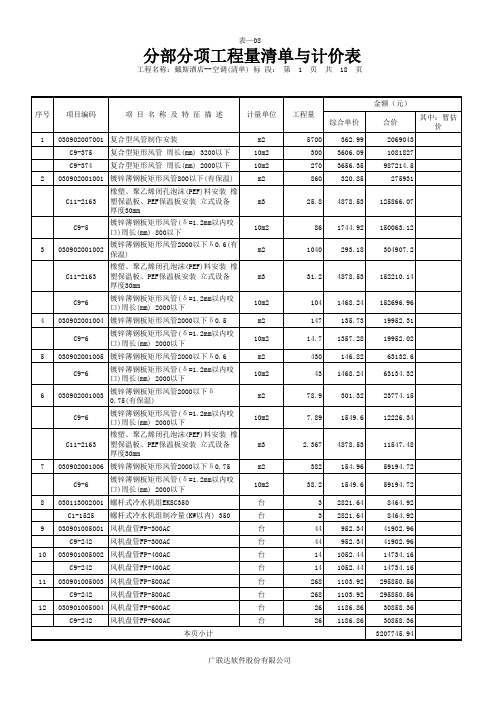 空调系统 分部分项工程量清单与计价表(带定额)