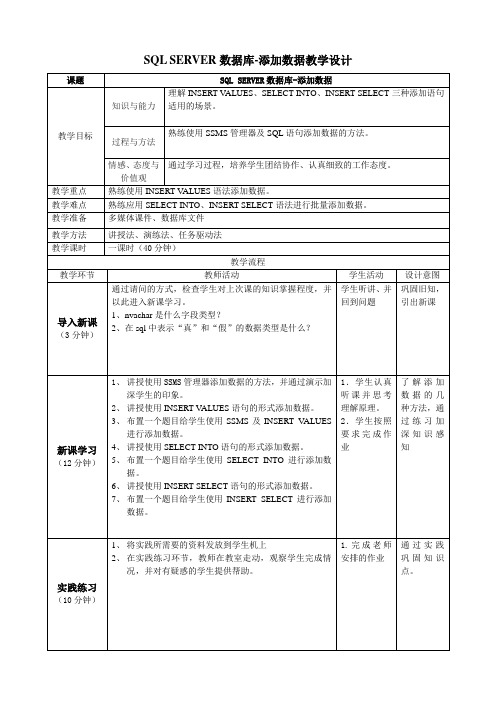 职业教育说课比赛 sql server数据库教学设计