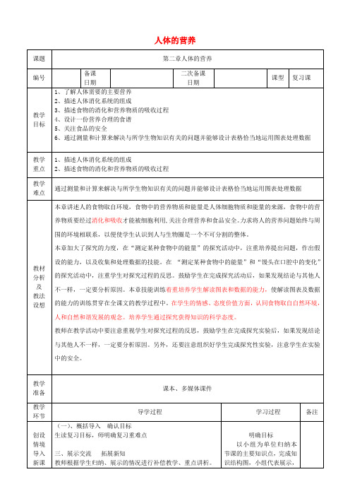 七年级生物下册 第四单元 第二章 人体的营养复习教案 (新版)新人教版