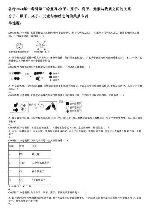 备考2024年中考科学三轮复习-分子、原子、离子、元素与物质之间的关系