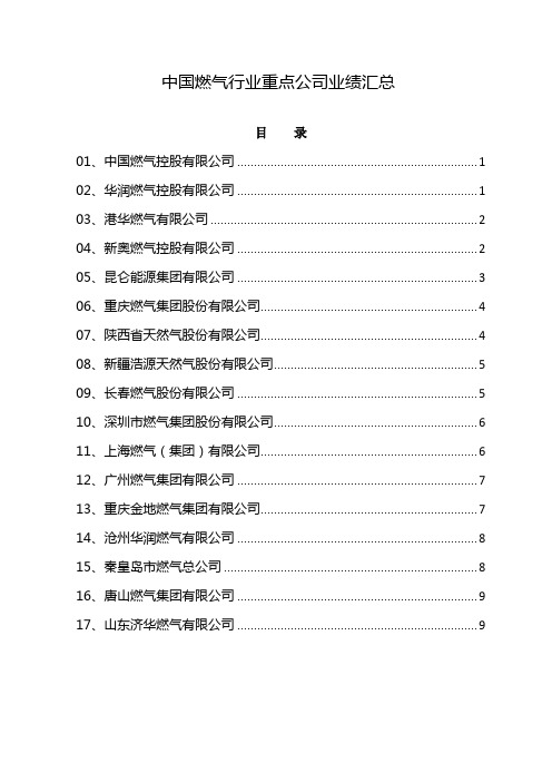 中国燃气行业重点公司业绩汇总