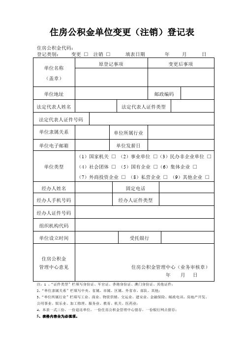 住房公积金单位变更(注销)登记表