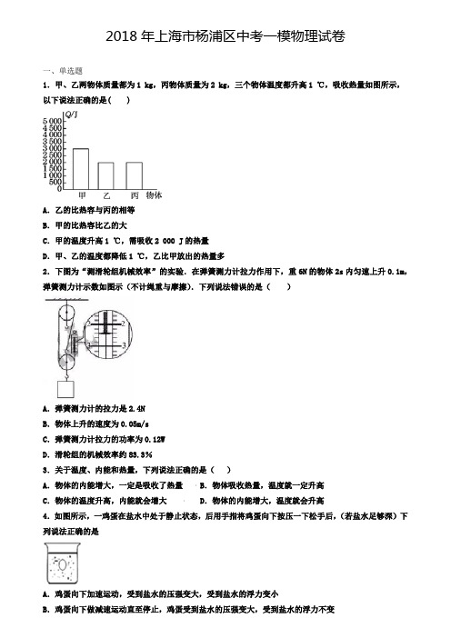 (三年试卷合集)2018-2020年上海市杨浦区中考一模物理试卷_(解析版)