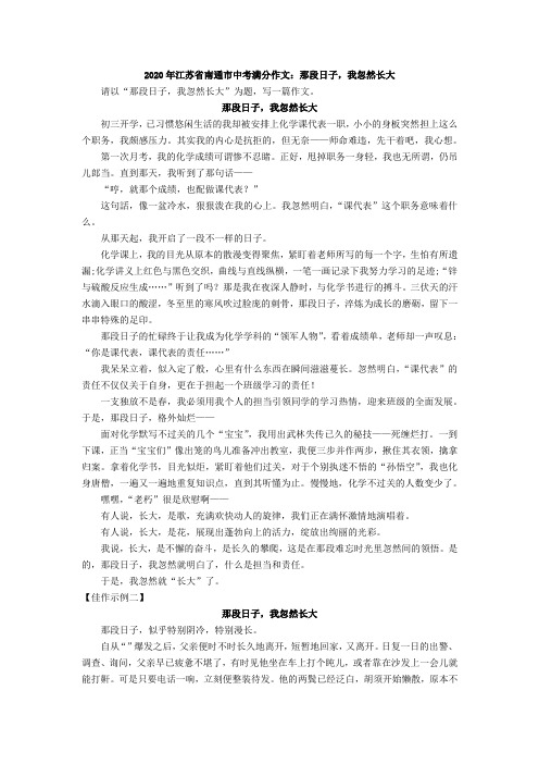 2020年江苏省南通市中考满分作文：那段日子,我忽然长大