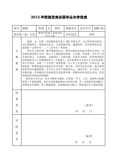 校级优秀应届毕业生审批表,聂婧