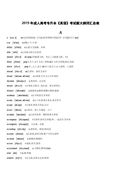 2019年成人高考专升本《英语》考试新大纲词汇总表