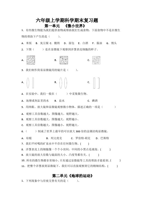 期末各单元复习题(试题)六年级上册科学人教版