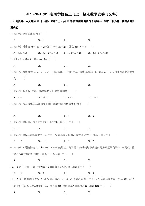 2022年 新新学道临川学校高三上学期期末考试数学文模拟练习 Word版含解析配套精选