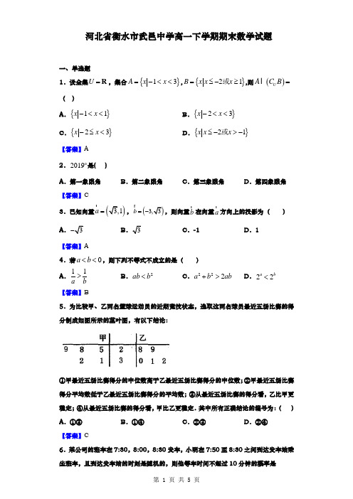 河北省衡水市武邑中学高一下学期期末数学试题(解析版)