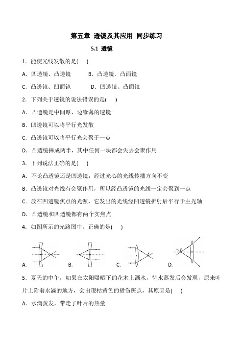 人教版八年级物理上册 第五章 透镜及其应用同步练习(含答案)