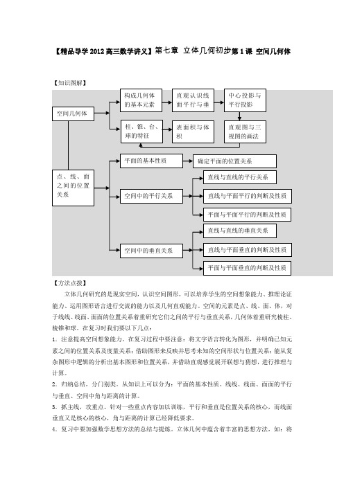 2012高三数学精品导学复习讲义7.1空间几何体
