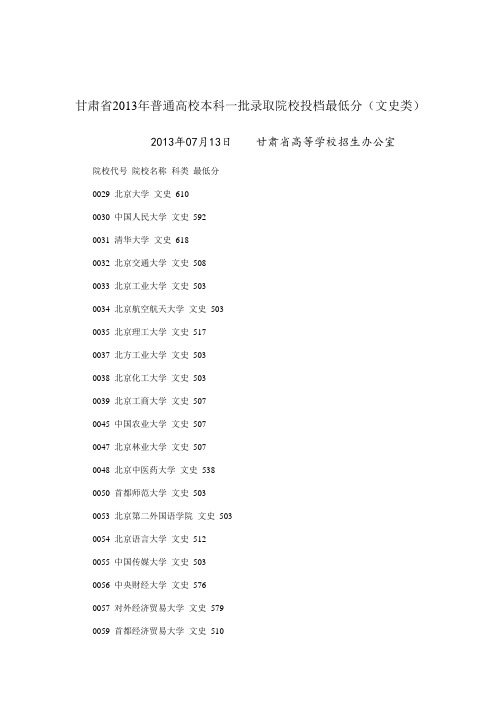 甘肃省2013年普通高校本科一批录取院校投档最低分(文史类)