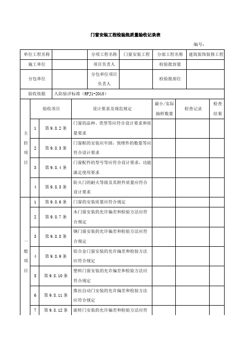 人防门窗安装工程检验批质量验收记录表