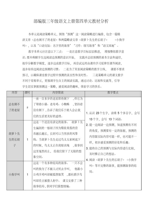 最新部编版三年级语文上册第四单元教材分析