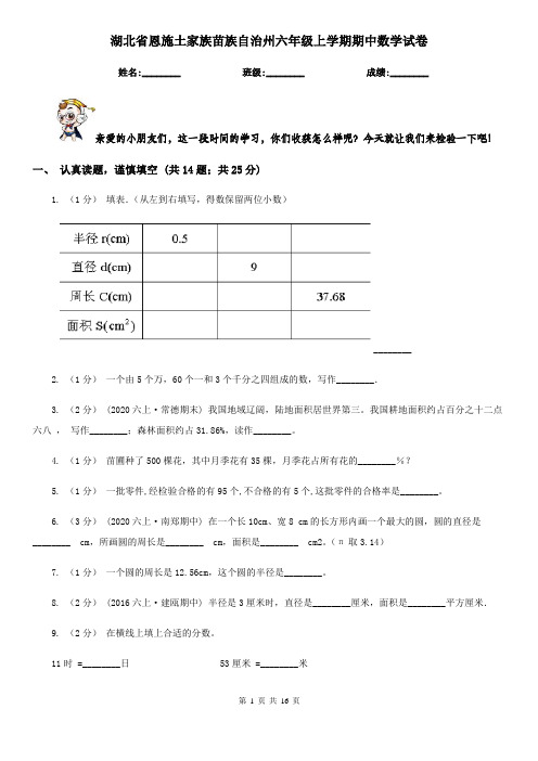 湖北省恩施土家族苗族自治州六年级上学期期中数学试卷