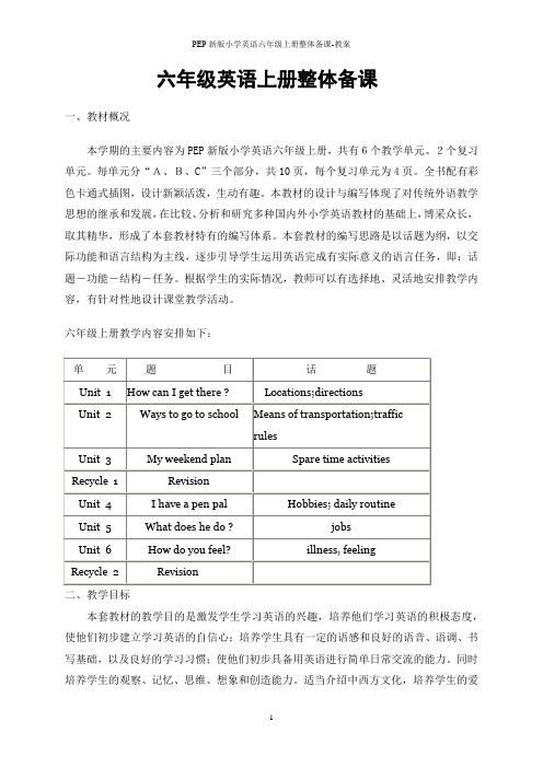 PEP新版小学英语六年级上册整体备课-教案