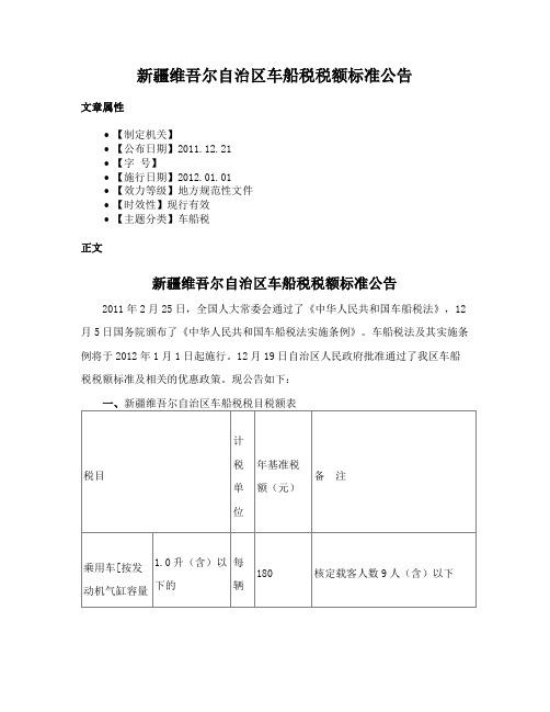 新疆维吾尔自治区车船税税额标准公告